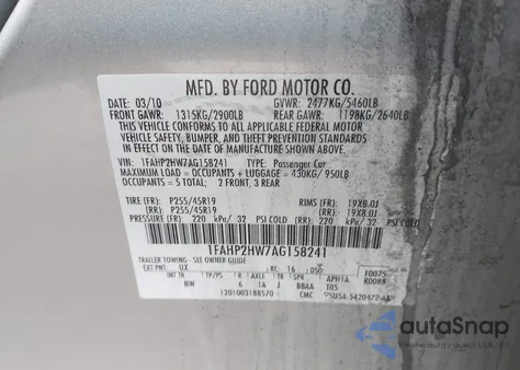 2010 Ford Taurus Sel from USA, damaged, VIN 1FAHP2HW7AG158241